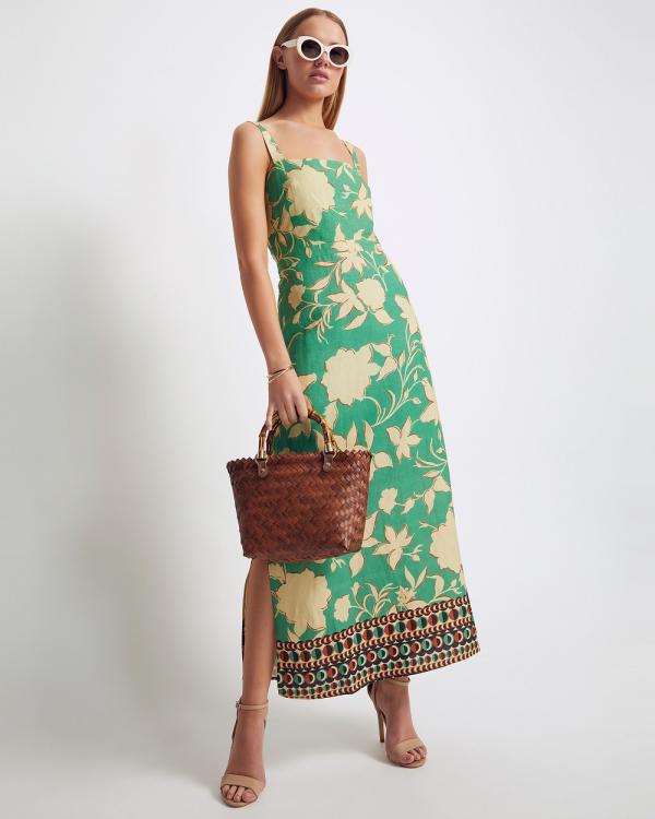 Oxford - Simone Linen Blend Printed Dress - Printed Dresses (Green Print) Simone Linen Blend Printed Dress