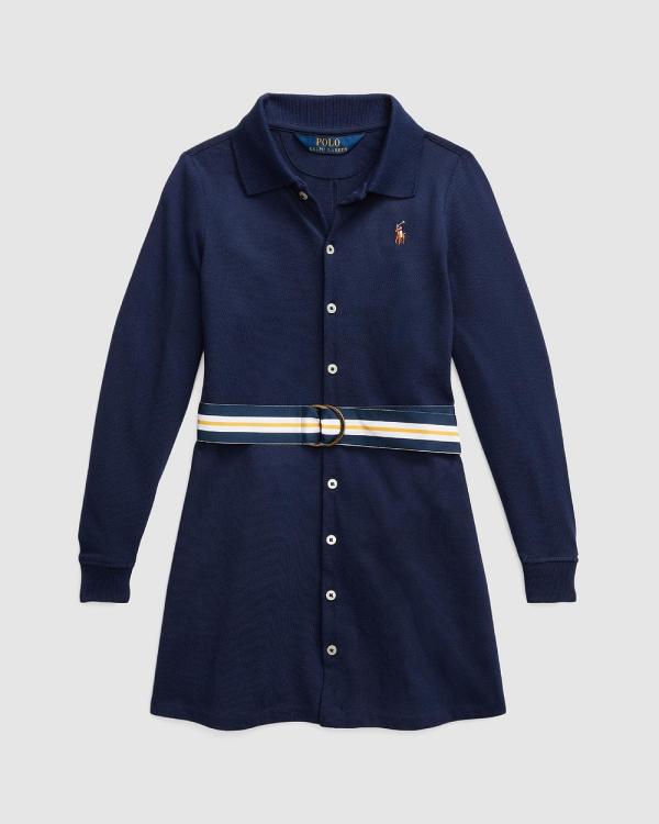 Polo Ralph Lauren - Belted Knit Oxford Polo Dress   Kids - Dresses (Navy) Belted Knit Oxford Polo Dress - Kids