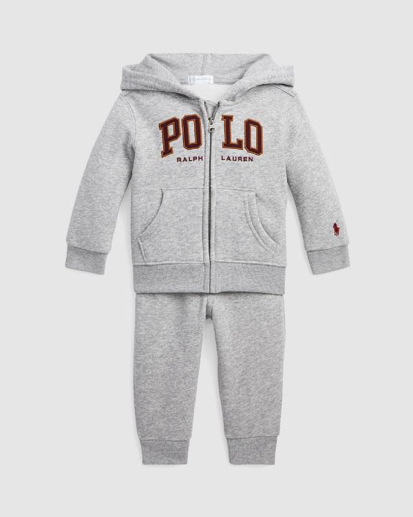 Polo Ralph Lauren - Logo Fleece Full Zip Hoodie Pants Set   Babies - 2 Piece (Grey) Logo Fleece Full-Zip Hoodie Pants Set - Babies