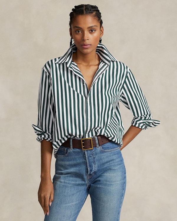 Polo Ralph Lauren - Relaxed Fit Striped Cotton Shirt - Tops (Olive & White Stripe) Relaxed Fit Striped Cotton Shirt