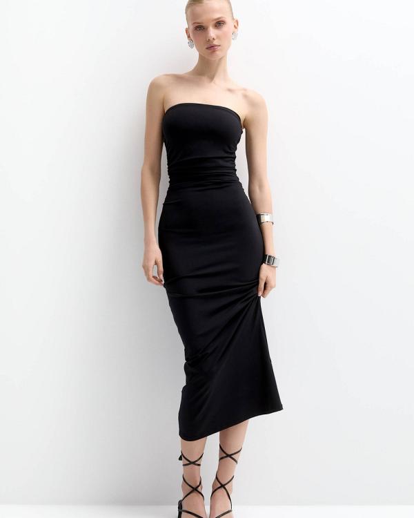 Pull&Bear - Strapless Gathered Midi Dress - Bodycon Dresses (Black) Strapless Gathered Midi Dress