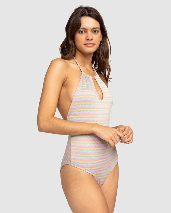 Roxy - Wavy Stripe   Halter Neck One Piece Swimsuit For Women - One-Piece / Swimsuit (PAPAYA WAVY STRIPE S) Wavy Stripe   Halter Neck One Piece Swimsuit For Women