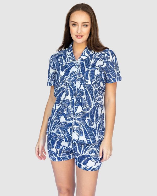 Sant And Abel - Martinique® Blue Banana Leaf Short Sleeve Shirt + Boxer Set - Sleepwear (Navy) Martinique® Blue Banana Leaf Short Sleeve Shirt + Boxer Set