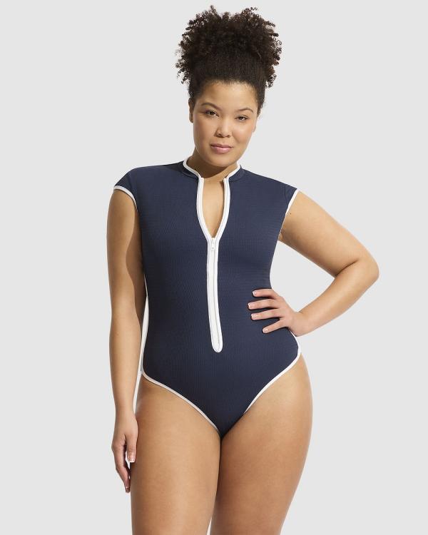 Seafolly - Beach Bound Cap Sleeve Zip Front One Piece - Swimwear (True Navy) Beach Bound Cap Sleeve Zip Front One Piece