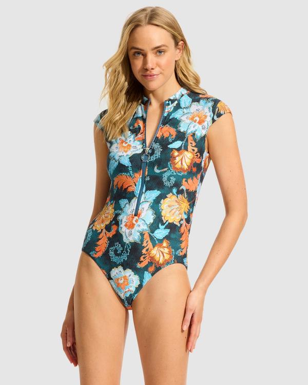 Seafolly - Spring Festival Zip Front One Piece - One-Piece / Swimsuit (True Navy) Spring Festival Zip Front One Piece