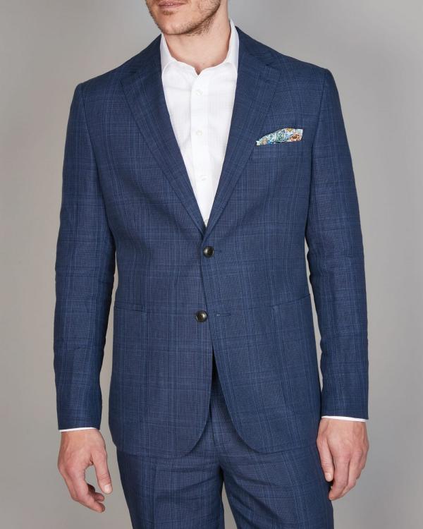 Simon Carter - Linen Indigo Blue Check Blazer - Suits & Blazers (INDIGO) Linen Indigo Blue Check Blazer