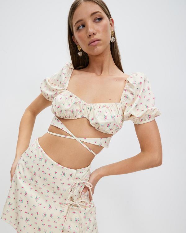 The Frolic - Ruched Tie Detail Puff Sleeve Top - Cropped tops (Vintage Floral) Ruched Tie Detail Puff Sleeve Top