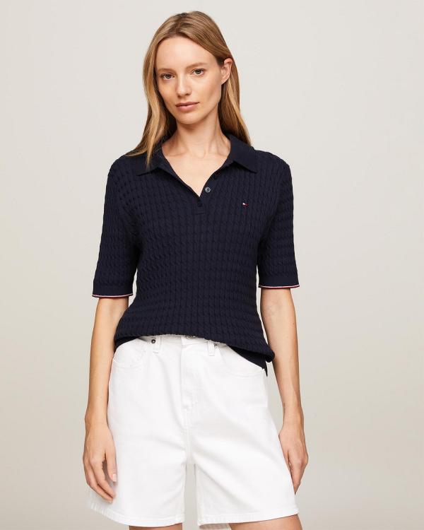 Tommy Hilfiger - Cable Knit Slim Short Sleeve Polo Jumper - Jumpers & Cardigans (Desert Sky) Cable Knit Slim Short Sleeve Polo Jumper
