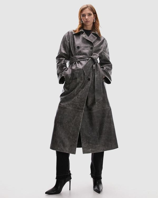 TOPSHOP - Real Leather Washed Effect Trench Coat - Trench Coats (Grey) Real Leather Washed Effect Trench Coat