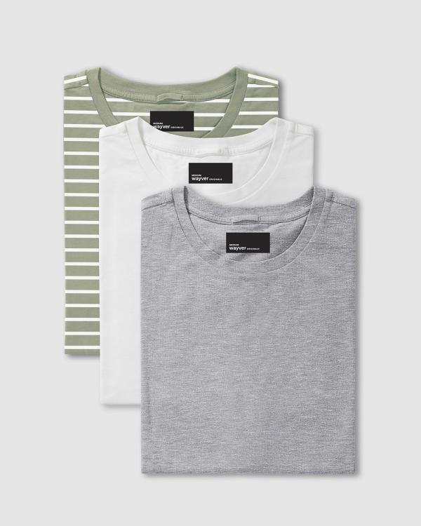Wayver - The Essential Crew Tee 3 Pack - Short Sleeve T-Shirts (MossStripe, White & LtGrey) The Essential Crew Tee 3-Pack