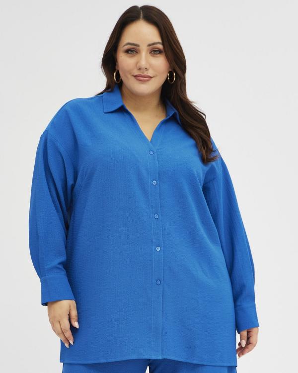 You & All - Blue Textured Shirt Crinkle Button Through Oversized - Tops (Blue) Blue Textured Shirt Crinkle Button Through Oversized