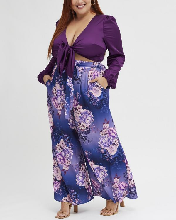 You & All - Multi Floral Wide Leg High Rise Belted Pants - Pants (Multi) Multi Floral Wide Leg High Rise Belted Pants