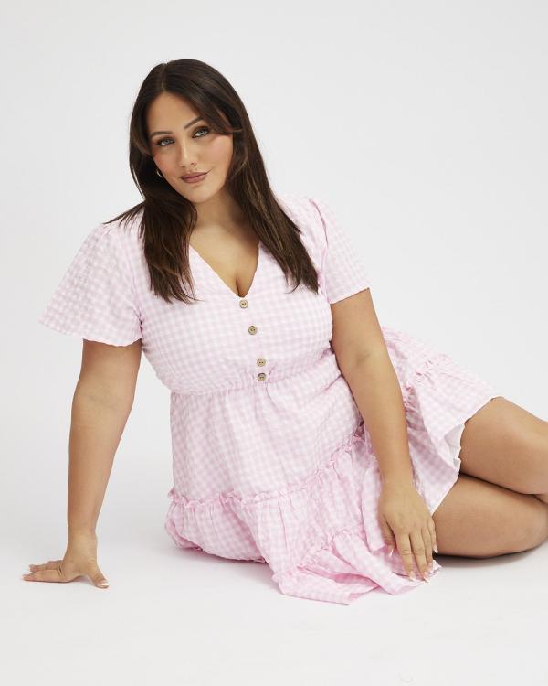 You & All - Pink Check Fit and Flare Dress Short Sleeve Tiered - Dresses (Pink) Pink Check Fit and Flare Dress Short Sleeve Tiered