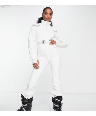 ASOS 4505 Petite belted ski suit with slim kick leg and faux fur hood-White