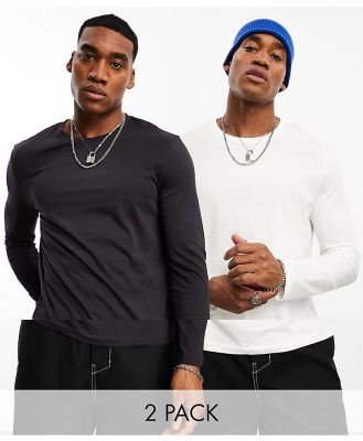 ASOS DESIGN 2 pack long sleeved crew neck t-shirts in washed black and off white-Multi