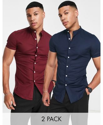 ASOS DESIGN 2 pack skinny shirt with grandad collar in navy/burgundy-Multi