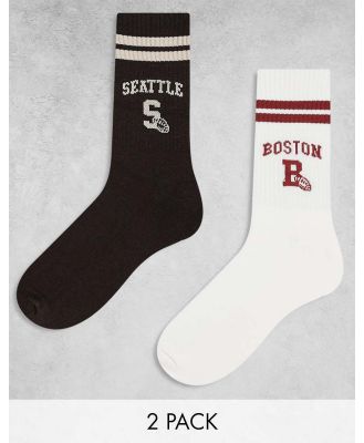 ASOS DESIGN 2 pack sports socks with Boston and Seattle graphics in ecru and brown-Multi