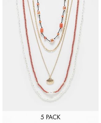 ASOS DESIGN 5 pack bead and cord necklace set in multi-Red