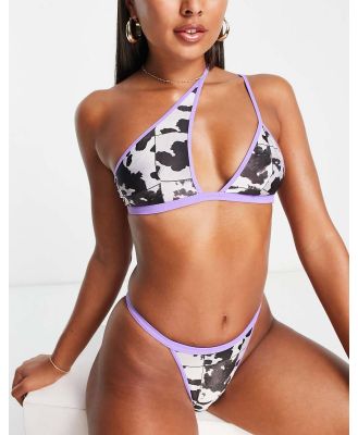 ASOS DESIGN asymmetric one shoulder bikini top with contrast bind in cow print-Multi