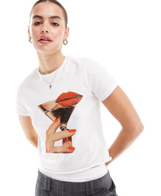 ASOS DESIGN baby tee with lips and drink graphic in white