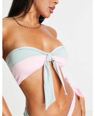 ASOS DESIGN bandeau bunny tie front bikini top in pastel colour block-Pink