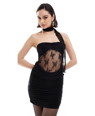 ASOS DESIGN bandeau mini dress with sheer lace top and necktie in black
