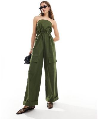 ASOS DESIGN bandeau paper bag waist utility jumpsuit in khaki-Green