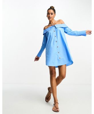 ASOS DESIGN bardot mini shirt dress with horn buttons in blue