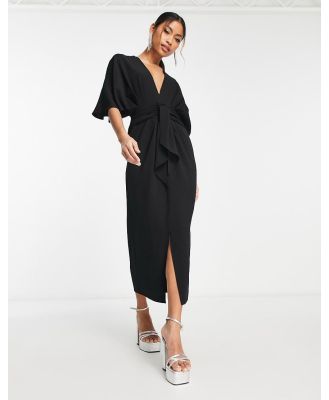 ASOS DESIGN batwing plunge neck tie front crepe midi dress in black