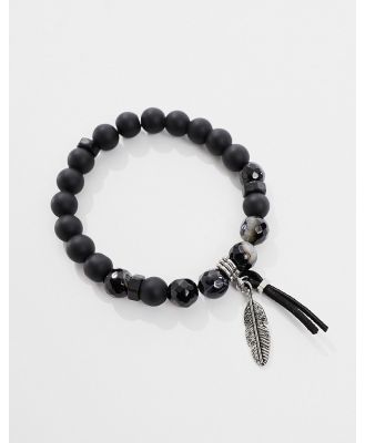 ASOS DESIGN beaded bracelet with agate stones and feather detail in black-Brown