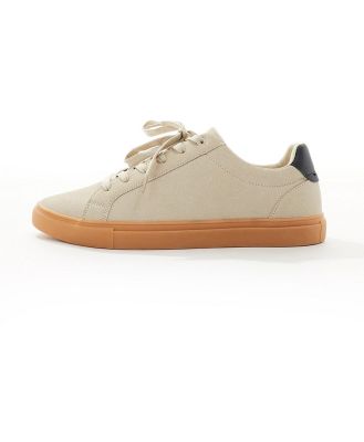 ASOS DESIGN beige suedette sneakers with gum sole-Neutral