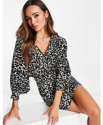 ASOS DESIGN belted twill wrap front mini dress with batwing sleeve in animal print-Multi