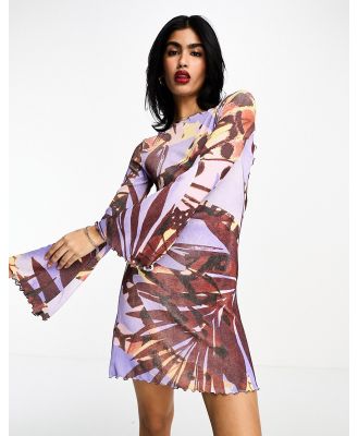 ASOS DESIGN boat neck long sleeve mini dress with open tie back in tropical print-Multi
