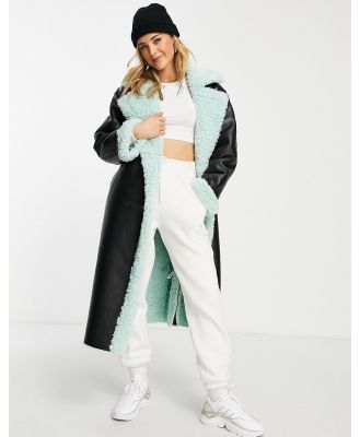 ASOS DESIGN bonded borg trench coat in black and mint-Grey