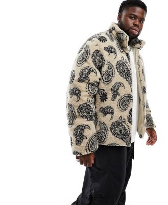 ASOS DESIGN borg puffer jacket in paisley print in ecru-Neutral