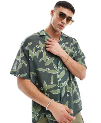 ASOS DESIGN boxy oversized revere shirt in leaf print-Green