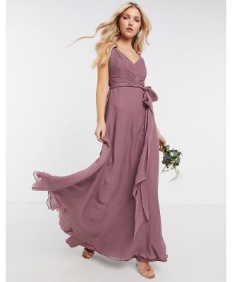 ASOS DESIGN Bridesmaid cami maxi dress with ruched bodice and tie waist in dusty mauve-Purple