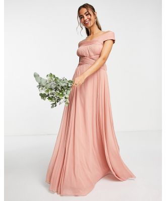 ASOS DESIGN Bridesmaid off shoulder ruched bodice maxi dress with skirt pleat detail-Pink