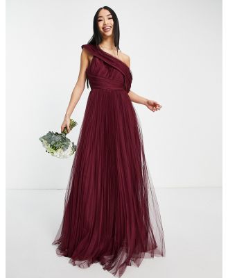 ASOS DESIGN Bridesmaid off shoulder tulle maxi dress with pleated skirt in oxblood-Red