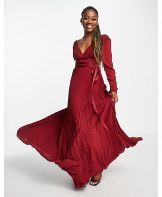 ASOS DESIGN Bridesmaid pleated long sleeve maxi dress with satin wrap waist in burgundy-Red