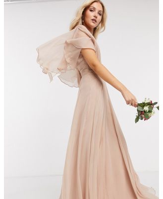 ASOS DESIGN Bridesmaid ruched bodice drape maxi dress with wrap waist and flutter cape sleeve in blush-Pink