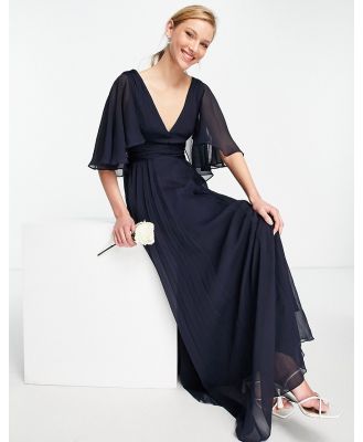 ASOS DESIGN Bridesmaid ruched bodice drape maxi dress with wrap waist and flutter cape sleeve-Navy