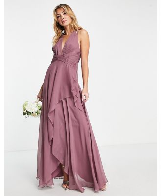 ASOS DESIGN Bridesmaid ruched bodice maxi dress with layered wrap skirt in mauve-Green