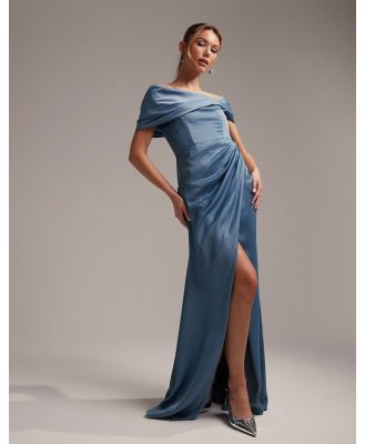 ASOS DESIGN Bridesmaid satin bardot drape wrap maxi dress in dusky blue