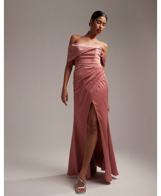 ASOS DESIGN Bridesmaid satin bardot drape wrap maxi dress in dusky rose-Pink