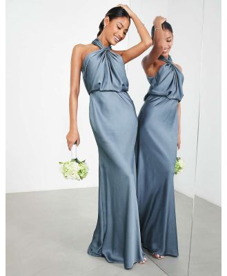 ASOS DESIGN Bridesmaid satin ruched halter neck maxi dress in dusky blue