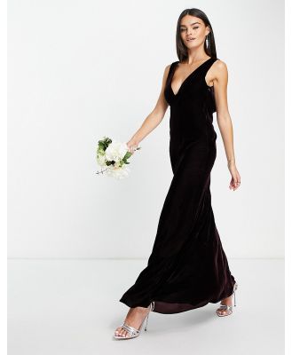 ASOS DESIGN Bridesmaid velvet ruched bodice maxi dress with drape cowl back in wine-Red