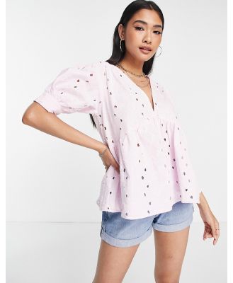 ASOS DESIGN broderie smock top with elasticated cuff in pale pink