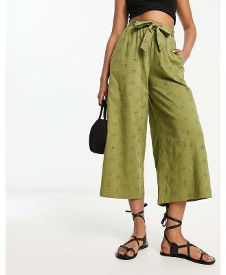 ASOS DESIGN broderie wide leg pants with tie belt in khaki-Green