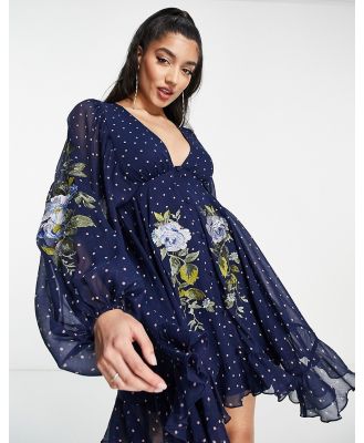 ASOS DESIGN button detail embroidery mini dress with blouson sleeve in spot print-Navy
